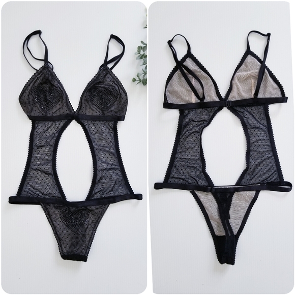 VICTORIA'S SECRET Very Sexy Black Mesh Heart Rhinestones Teddy Size Small - Picture 4 of 16